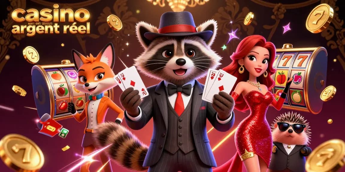Gagnez avec le casino en ligne argent réel grâce à une illustration dynamique de personnages et de symboles de jeux.