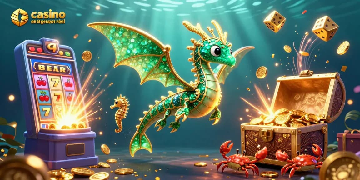 Jouez au casino en ligne argent réel avec une illustration captivante de dragons et de trésors sous-marins.