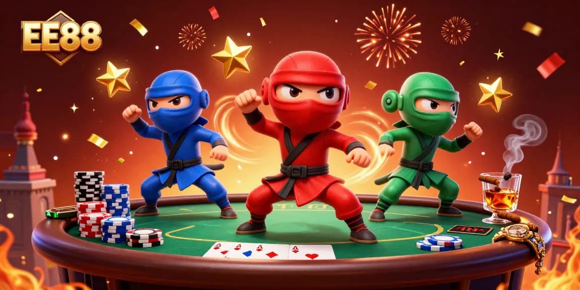 EE88 showcases a ninja chameleon team amidst vibrant casino action with poker chips and cards.