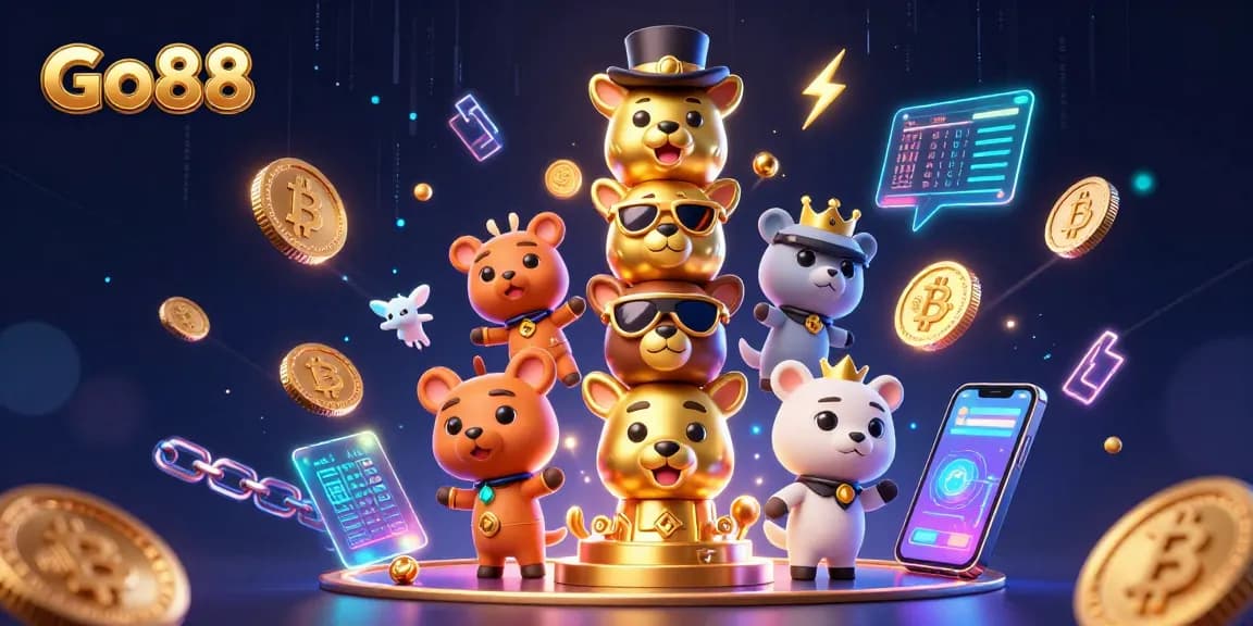 Engage with Go88's exciting casino experience featuring a vibrant 3D totem pole and crypto elements.