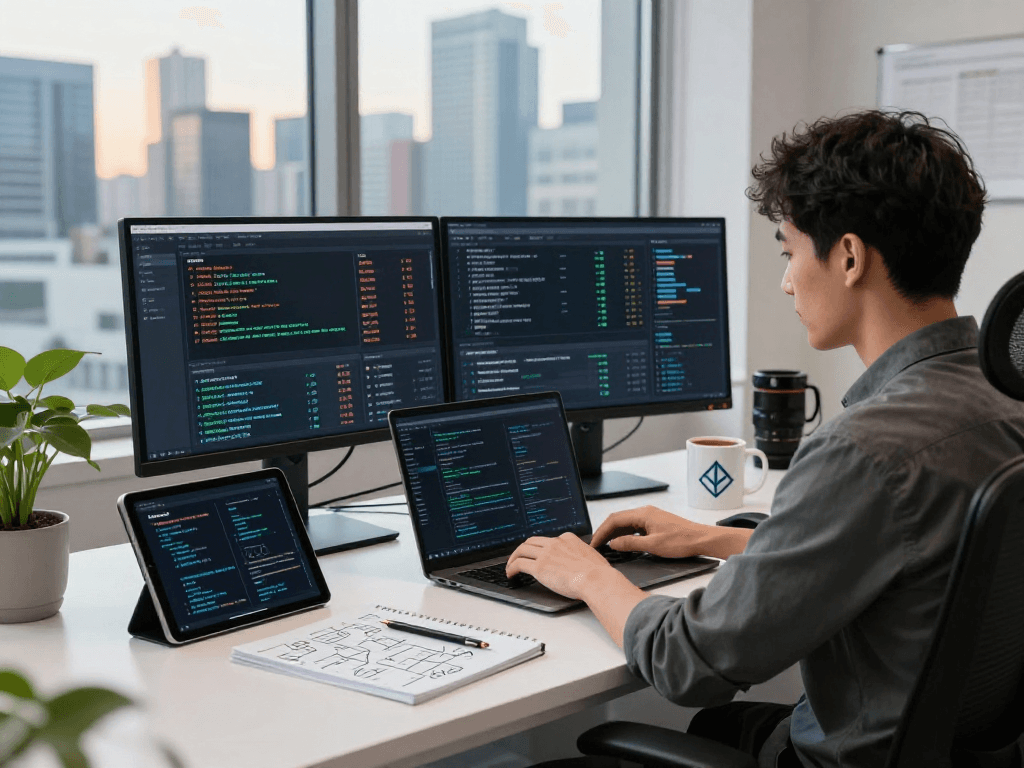 Developer working on USDT0 blockchain solutions in a modern office