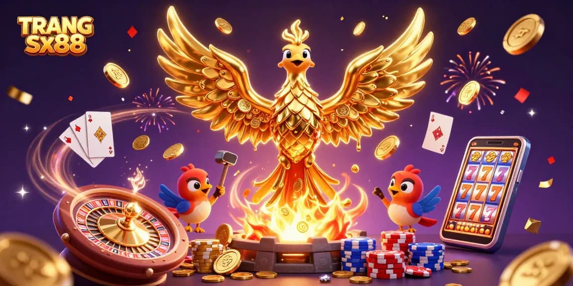 Experience TRANG CHỦ sx88 with a vibrant 3D casino scene of golden phoenixes and exciting gambling elements.