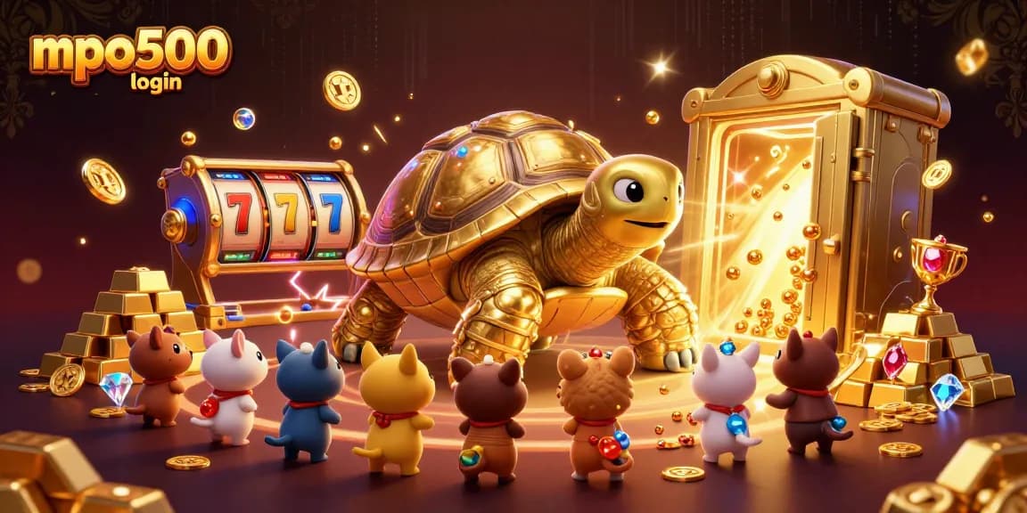 Engage with exciting MPO500 login, showcasing vibrant slot machines and a golden tortoise in a lively casino.