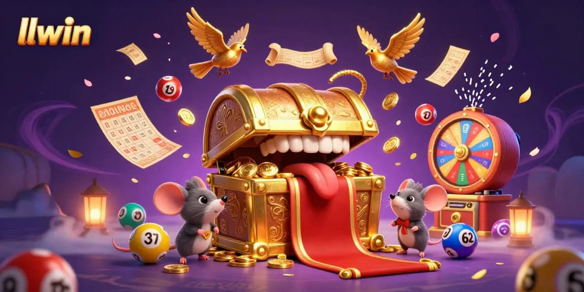 Engage with LLWIN's captivating treasure chest and colorful lottery action in this energetic scene.