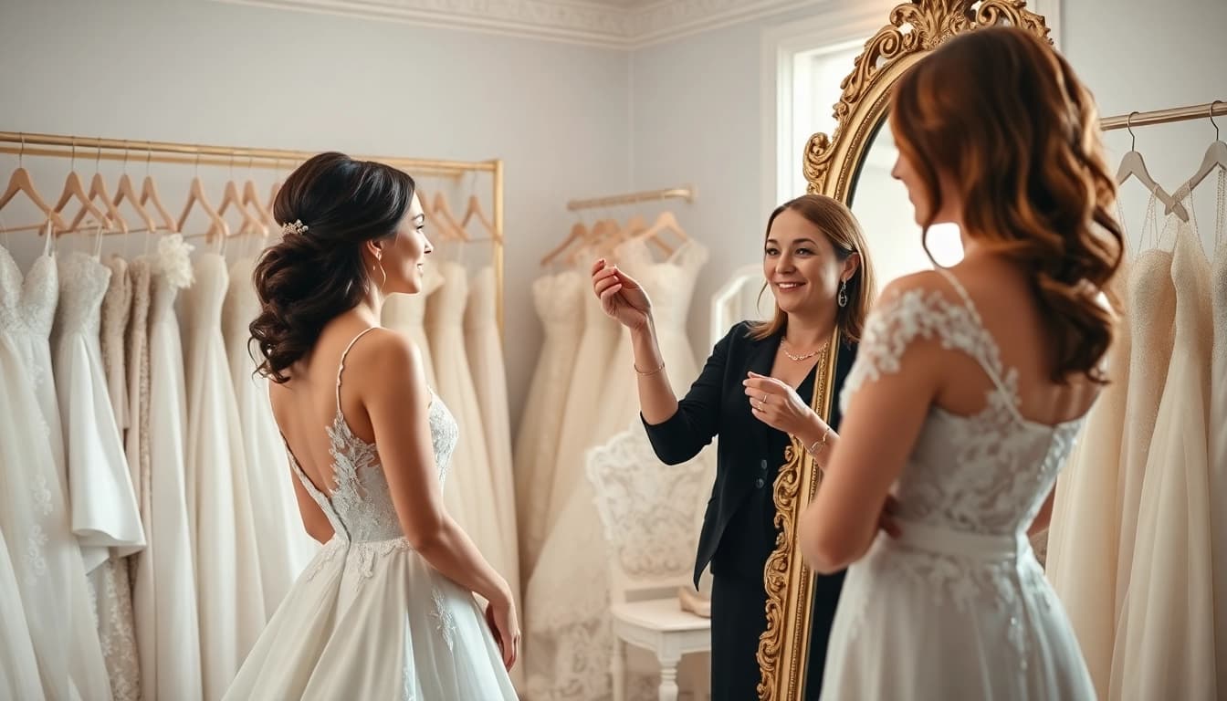 Bridal styling session where a bride receives expert assistance for her wedding gown.