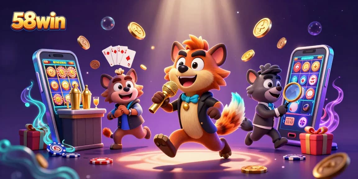 Join the fun at 58win with hyenas running a vibrant casino scene filled with games and laughter.