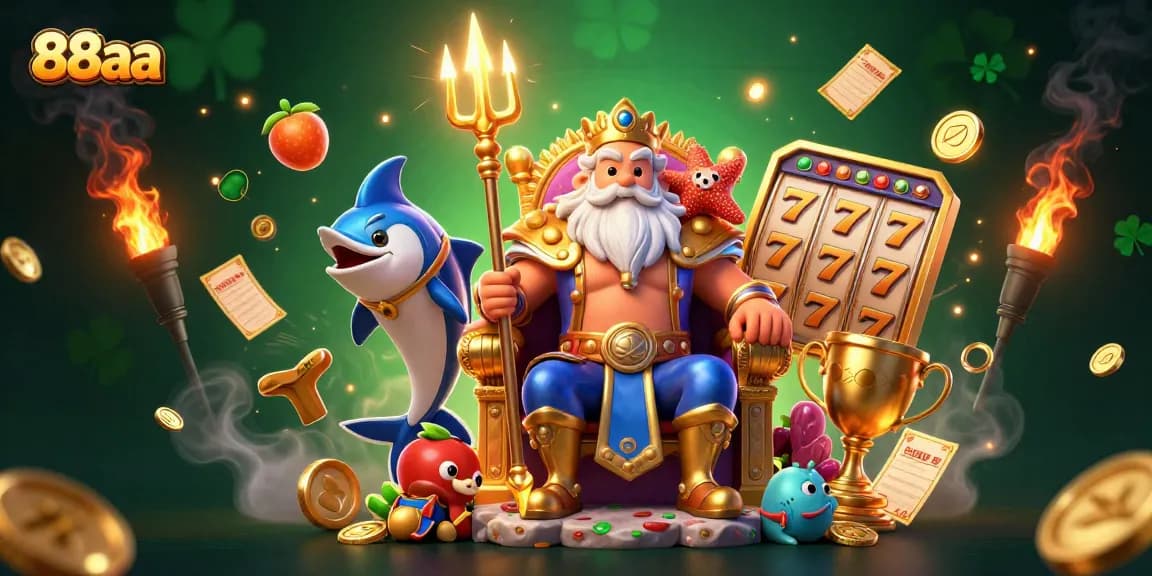 88aa captures the thrill of winning with a vibrant casino scene featuring Neptune and dynamic slot reels.