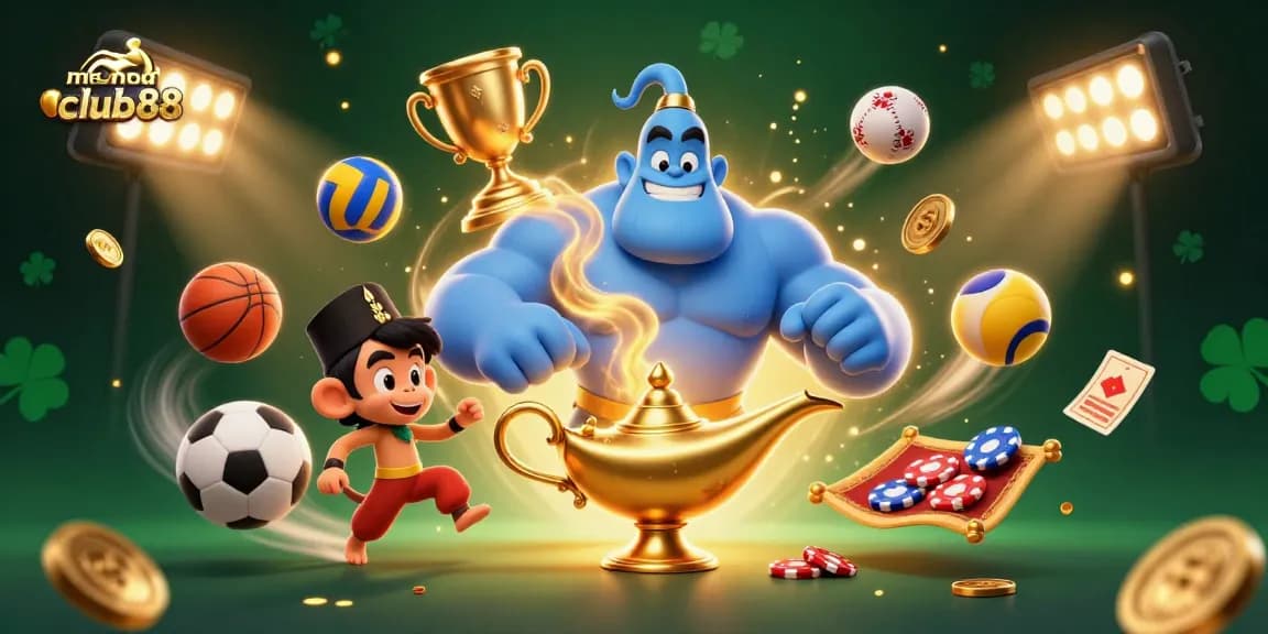 Experience the excitement of menangclub88 with a vibrant 3D gambling illustration featuring dynamic characters and elements.