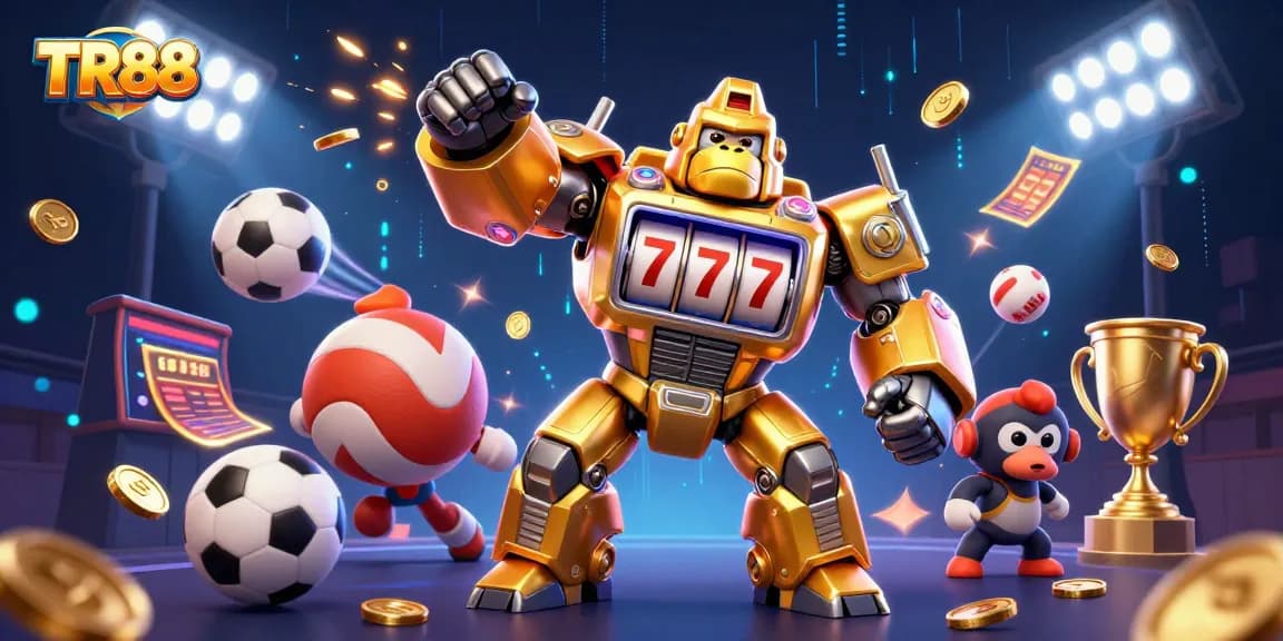 Experience the excitement of TR88 with a golden gorilla mech surrounded by dynamic sports elements and jackpots