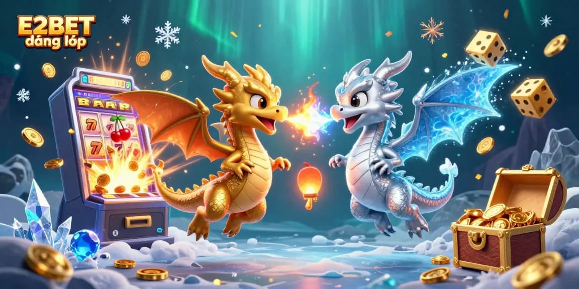 E2BET đăng nhập: Dynamic casino scene with dragons, slots, and joyful winnings