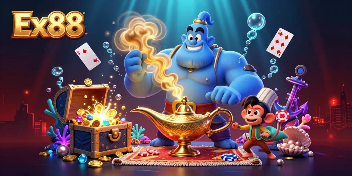 Experience thrilling gaming moments at Ex88 with a vibrant 3D illustration depicting luck and adventure.