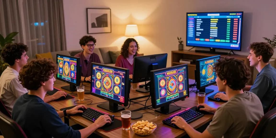Friends enjoying we88 PGSLOT gaming together in a vibrant home setting.