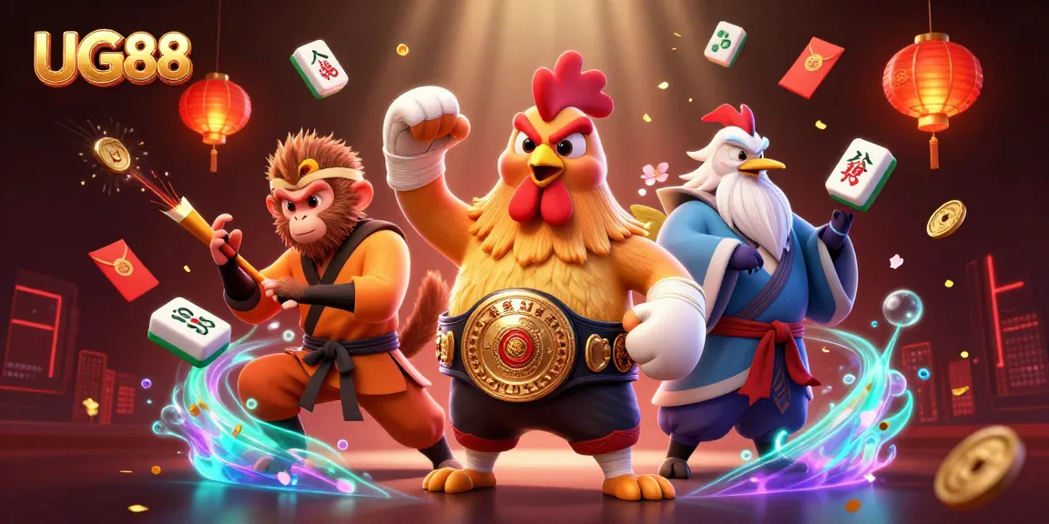 Engage with UG88 through lively 3D cartoon characters in a dynamic casino-themed scene.