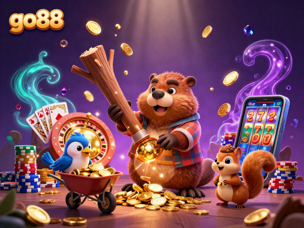 Experience the thrill of go88 with a captivating illustration featuring a beaver, bird, and squirrel amidst gold coins.