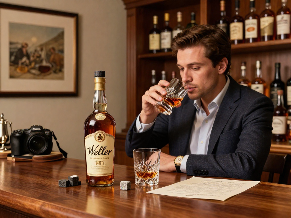 Weller Antique 107 Bourbon tasting experience in a sophisticated home bar setting.