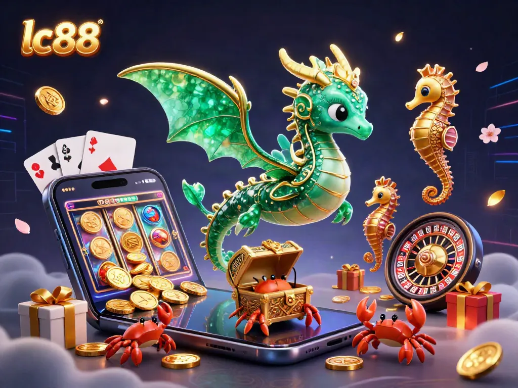 Experience the exciting world of lc88 with emerald sea dragon, colorful slots, and golden coins.