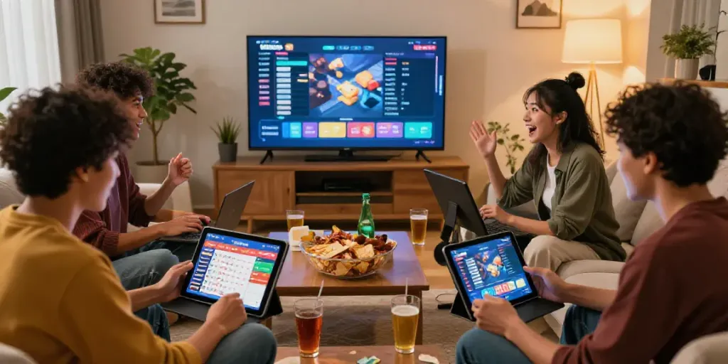 Engaged friends enjoying Toto togel gaming experience in a lively living room setting.