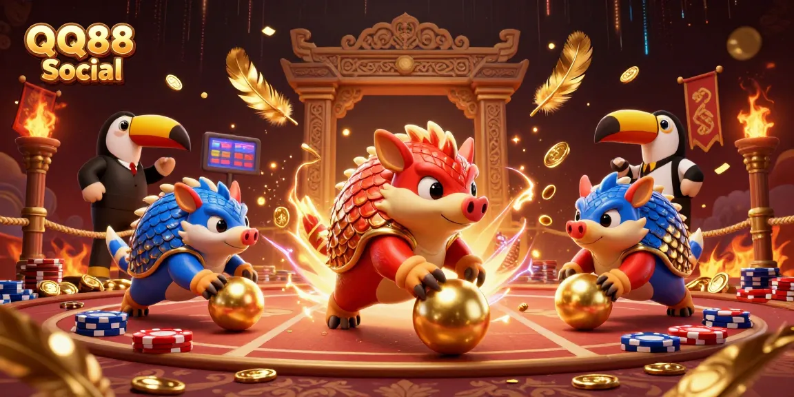 Engage with QQ88 Social through dynamic gaming battles in a vibrant 3D cartoon scene.
