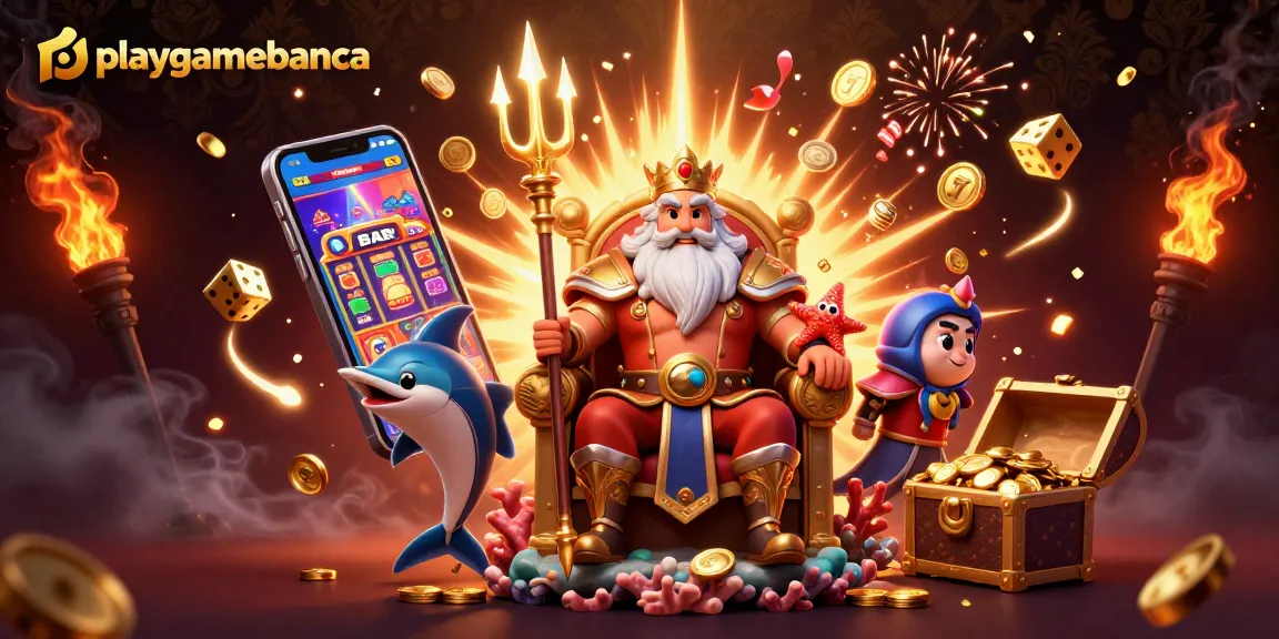 Playgamebanca's vibrant casino scene features Neptune, jackpot slots, and golden treasures.