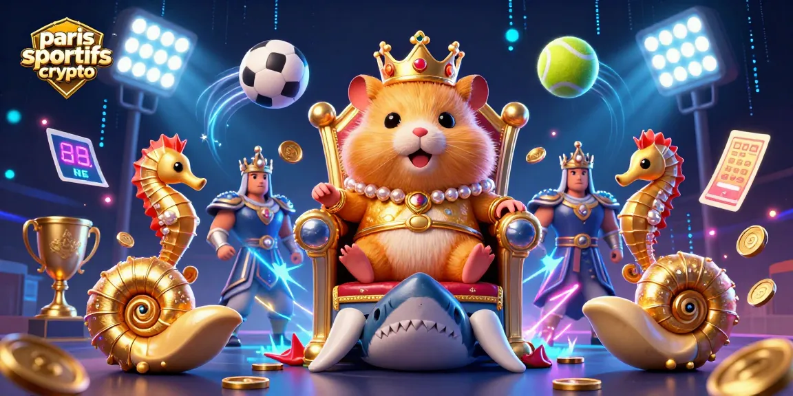 Vivez l'excitation des paris sportifs crypto avec un roi hamster auréolé entouré de ballons de sport et de trophées.