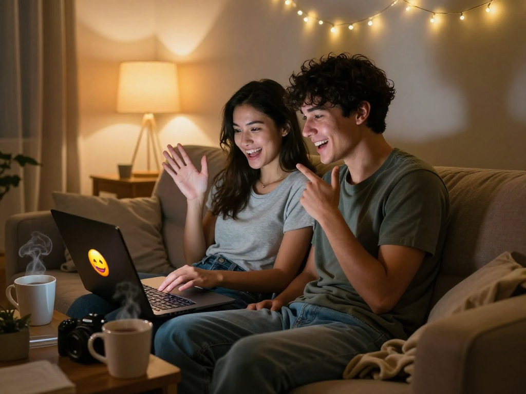 Young couple enjoying a cozy sex chat online, engaging in playful text conversation in their intimate living space.