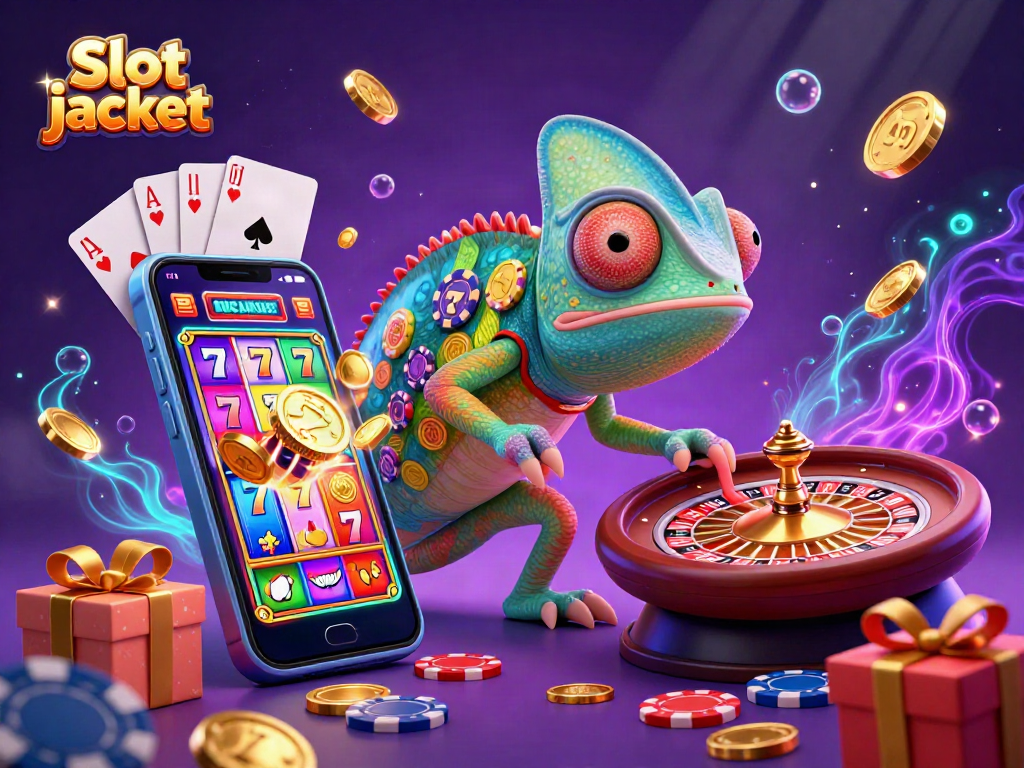 Experience the thrill of the slot jackpot with a vibrant chameleon casino owner amidst dynamic gaming elements.