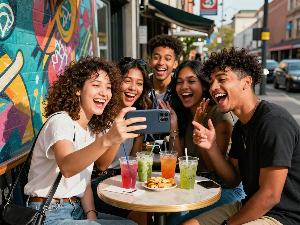 Group of friends joyfully discovering how old do I look using an age estimation app in a vibrant urban setting.