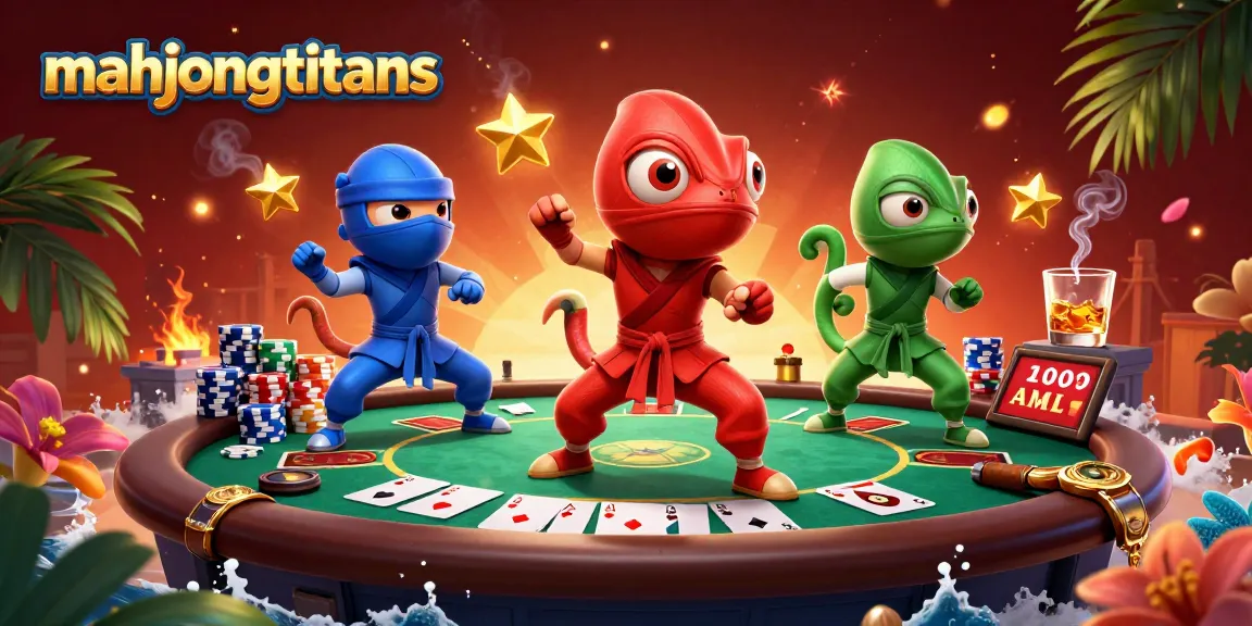 Engage in Mahjong Titans action with vibrant chameleon ninjas at a dynamic poker scene.