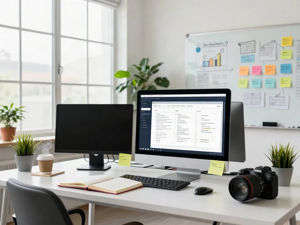 AI generated SEO content outlines displayed on a monitor in a modern marketing workspace.