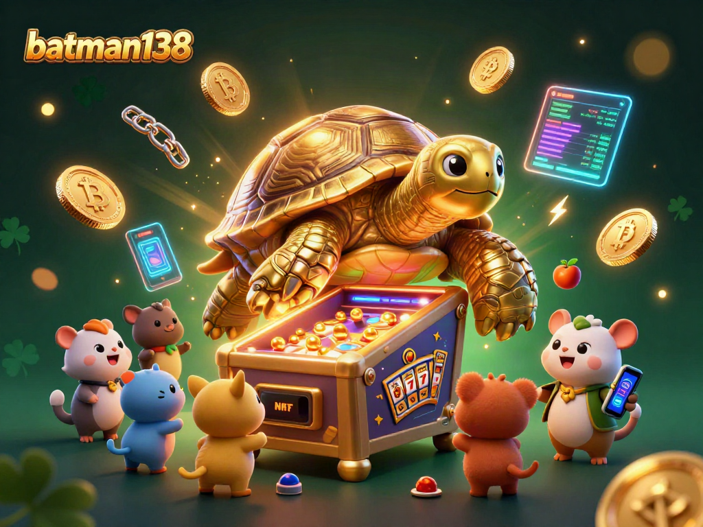 Win big with the entertaining batman138 pinball tortoise amidst vibrant slot symbols and crypto elements.