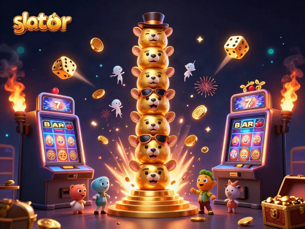 Menghadirkan slot gacor dengan totem emas dan mesin slot meledak penuh koin, dikelilingi cahaya magis.