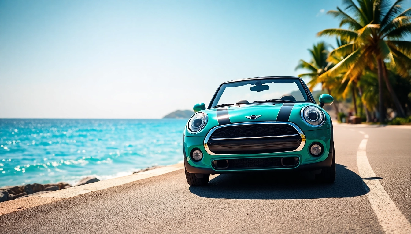 Enjoy a fun Mini Cooper rental St Barts on a scenic coastal drive with turquoise waters.