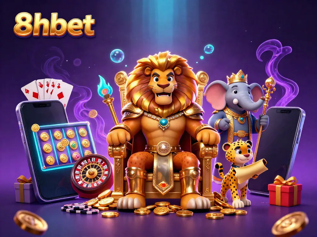 Join in the fun with 8xbet's vibrant gambling scene showcasing a lion king, elephant adviser, and cheetah messenger.