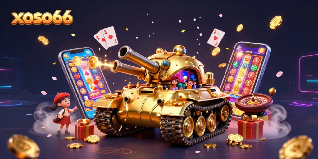 Xoso66 players enjoy a vibrant miniature casino scene inside a golden beetle tank with dynamic gaming elements.