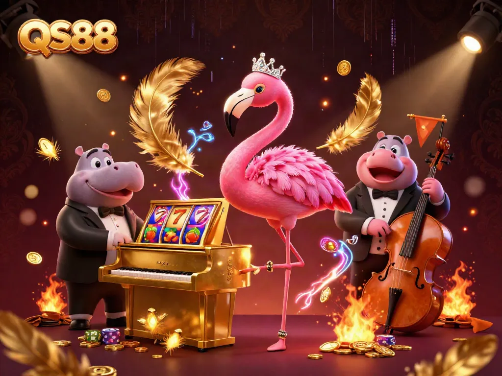 Experience the vibrant QS88 casino scene with a flamingo singer and hippo bassist amidst exciting game elements.
