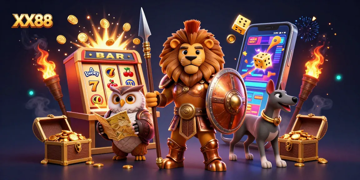 Experience exciting gameplay at XX88 with a 3D illustration showcasing a vibrant casino environment filled with jackpots.