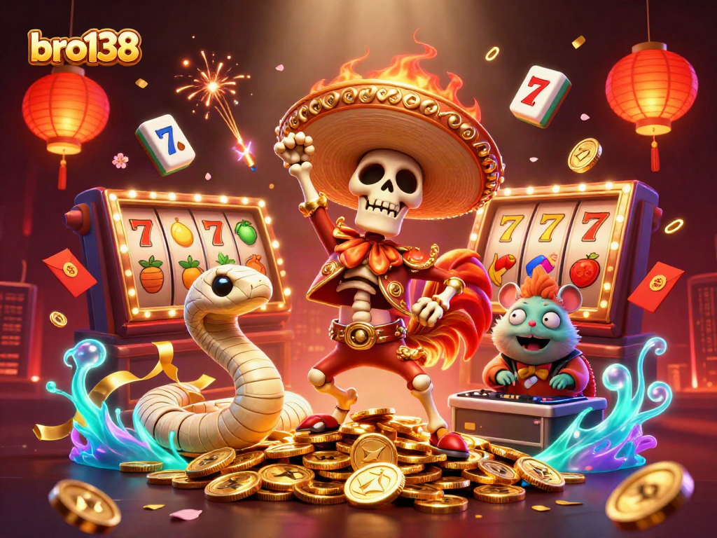 Win big at bro138 with vibrant slots and festive characters in a dazzling casino scene.