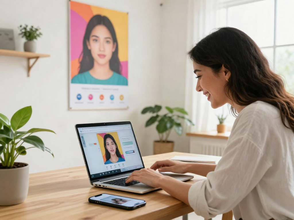 Test attractiveness using AI tools, with an individual uploading a photo for analysis in a modern setting.
