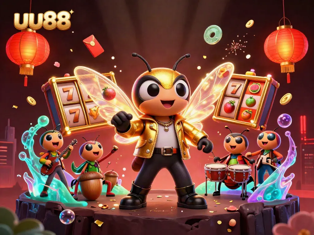 uu88 casino scene featuring a cicada rock star, slot reels, and festive decorations