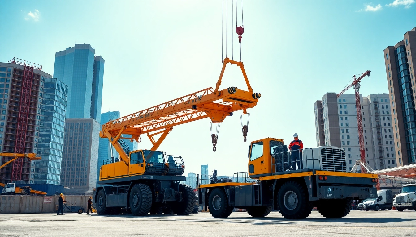Showcasing the essentials of equipment hailing at a construction site with cranes and workers.