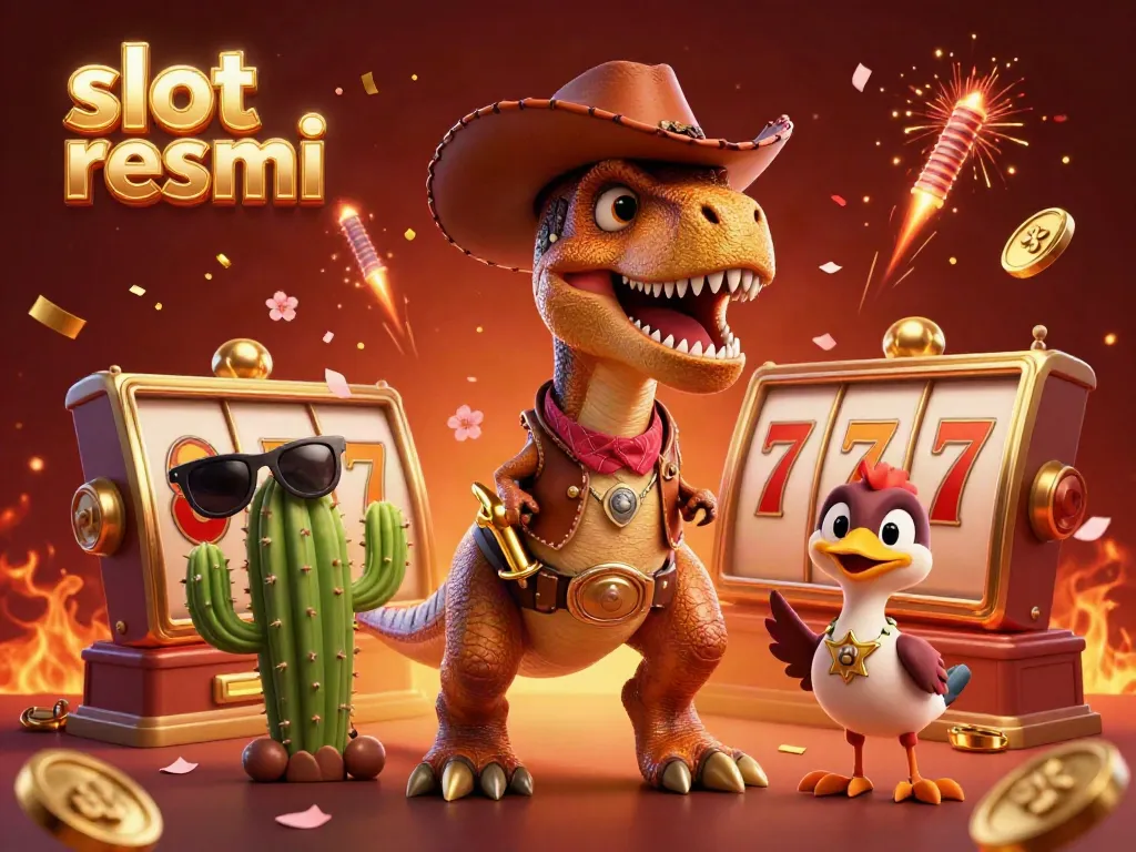 Gambarkan aksi meriah di slot resmi dengan dinosaur cowboy dan karakter unik lainnya.