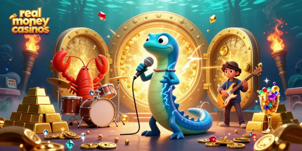 Experience the thrill at real money casinos with a dynamic underwater concert scene featuring an electric eel DJ, lobster drummer, and seahorse guitarist.