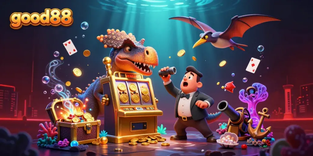 Good88's thrilling slot action with vibrant 3D characters celebrating a jackpot in a casino environment.