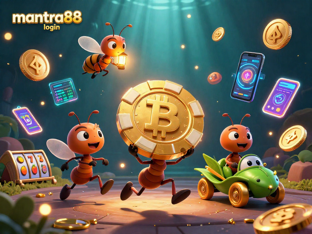 Experience the thrilling mantra88 login with ants running a heist and golden chips in a dynamic casino scene.