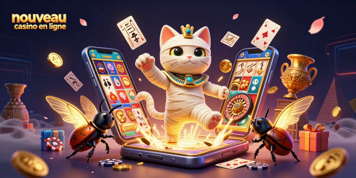 Visuel captivant montrant un nouveau casino en ligne avec un chat momifié égyptien et des éléments de jeu dynamiques.