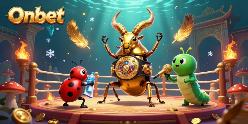 Experience high-energy betting action with Onbet featuring a boxing beetle and vibrant casino elements.