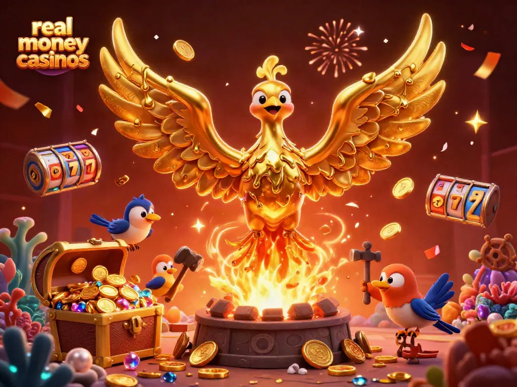 Win big at real money casinos with a golden phoenix and rewarding elements in this vibrant illustration.