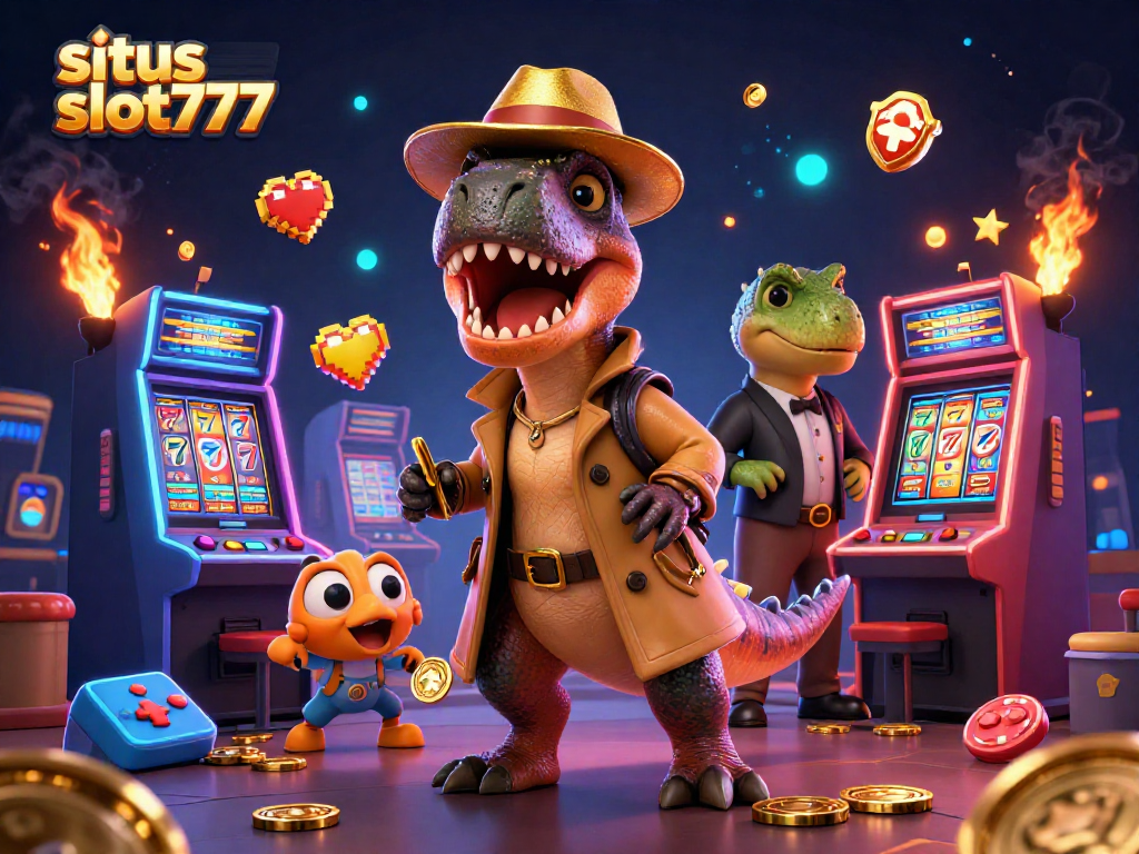 Sneak chips and try your luck at situs slot777 with a cartoon velociraptor at a slot machine.