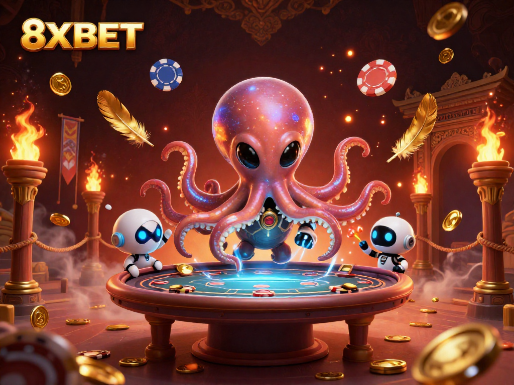 8XBET captivates players with a vibrant 3D casino scene featuring an alien octopus at a holographic poker table.