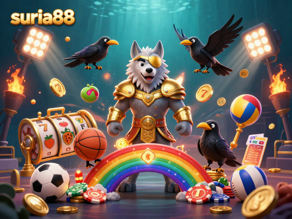 Experience thrilling wins at suria88 with a vibrant 3D illustration showcasing dynamic slot games and sports elements.